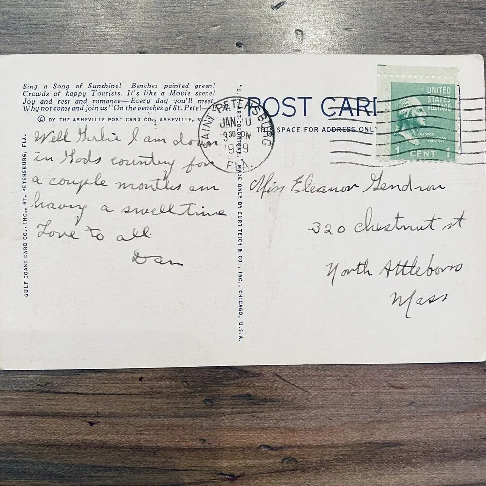 1920s Vintage Postcard Famous Green Benches People St Petersburg Florida FL